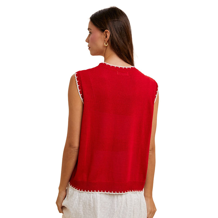 Anniewear Women's Red Contrast Stitch Front Tie Sweater
