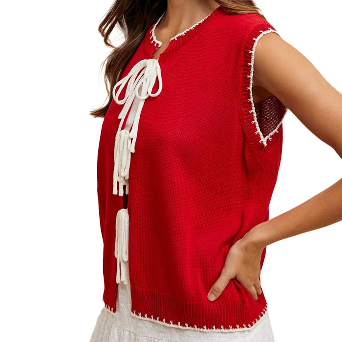 Anniewear Women's Red Contrast Stitch Front Tie Sweater