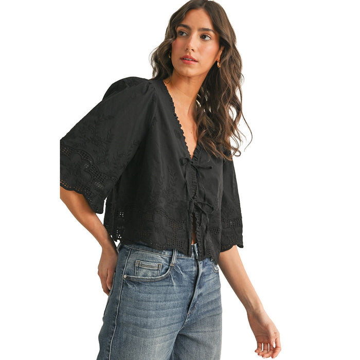 Anniewear Women's Floral Embroidery Black Tie Front Blouse