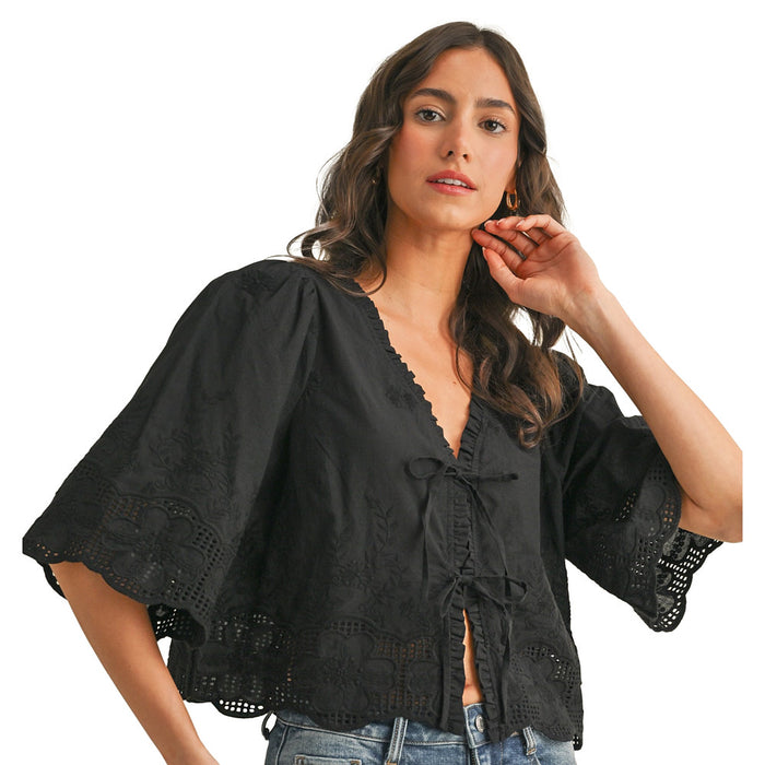 Anniewear Women's Floral Embroidery Black Tie Front Blouse