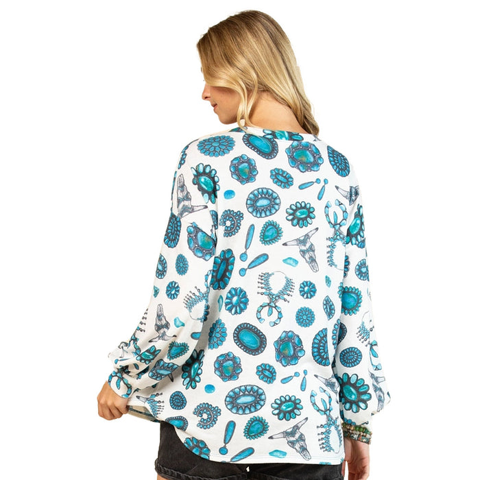 Avery Women's Ivory Turquoise Jewelry Print Top
