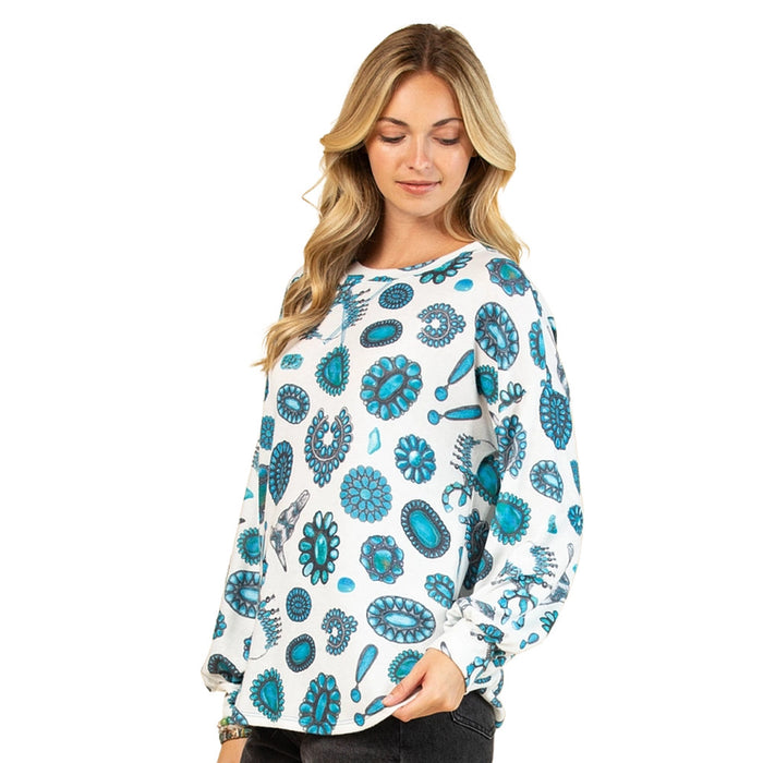 Avery Women's Ivory Turquoise Jewelry Print Top
