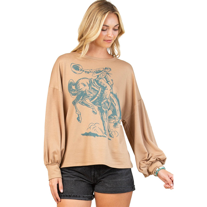 Avery Women's Mocha Turquoise Bucking Horse Sweatshirt
