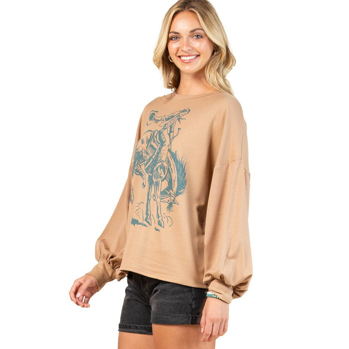 Avery Women's Mocha Turquoise Bucking Horse Sweatshirt