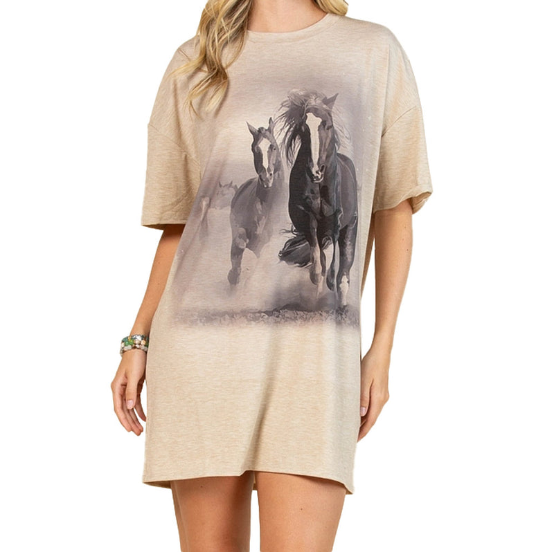 Avery Women's Running Horse Camel Tee Shirt Dress