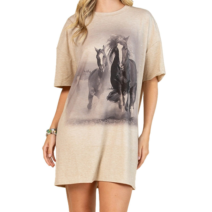 Avery Women's Running Horse Camel Tee Shirt Dress