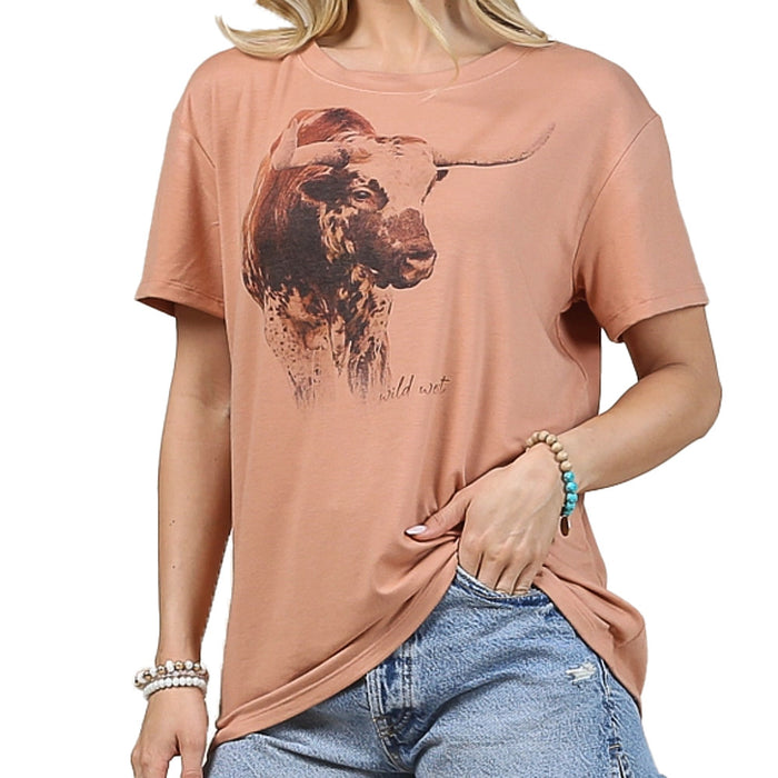 Avery Women's Rust Cow Print Tee Shirt