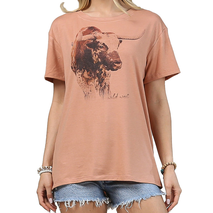 Avery Women's Rust Cow Print Tee Shirt