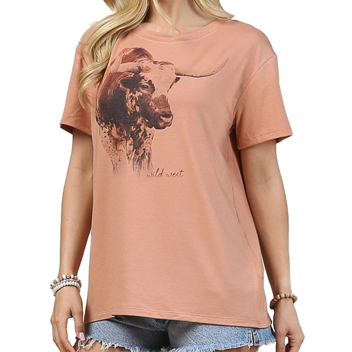 Avery Women's Rust Cow Print Tee Shirt