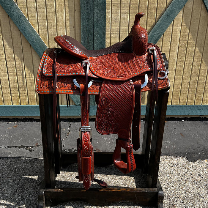 Bob`S Custom Saddles 16.5in Wld Rose Turqouise Buckstitch Reining Saddle