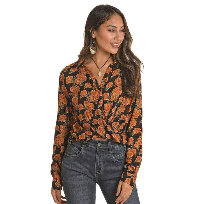 Rock & Roll Denim Cowgirl Floral Print Twist Front Blouse
