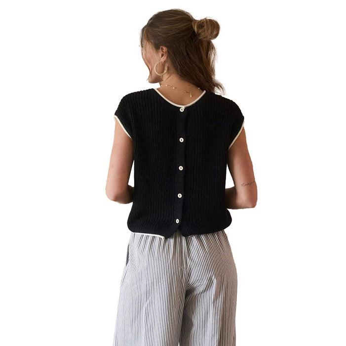 Blu Pepper Womens Black Contrast Trim Short Sleeve Knit Sweater Top
