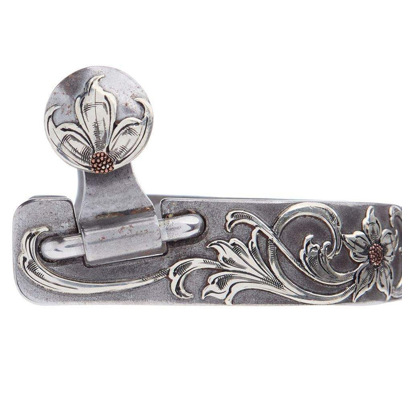 Brandon Anthony Bit & Spur Co. Silver Flower Scroll Mens 2 Inch Band Western Spurs with 7 Point Rowel