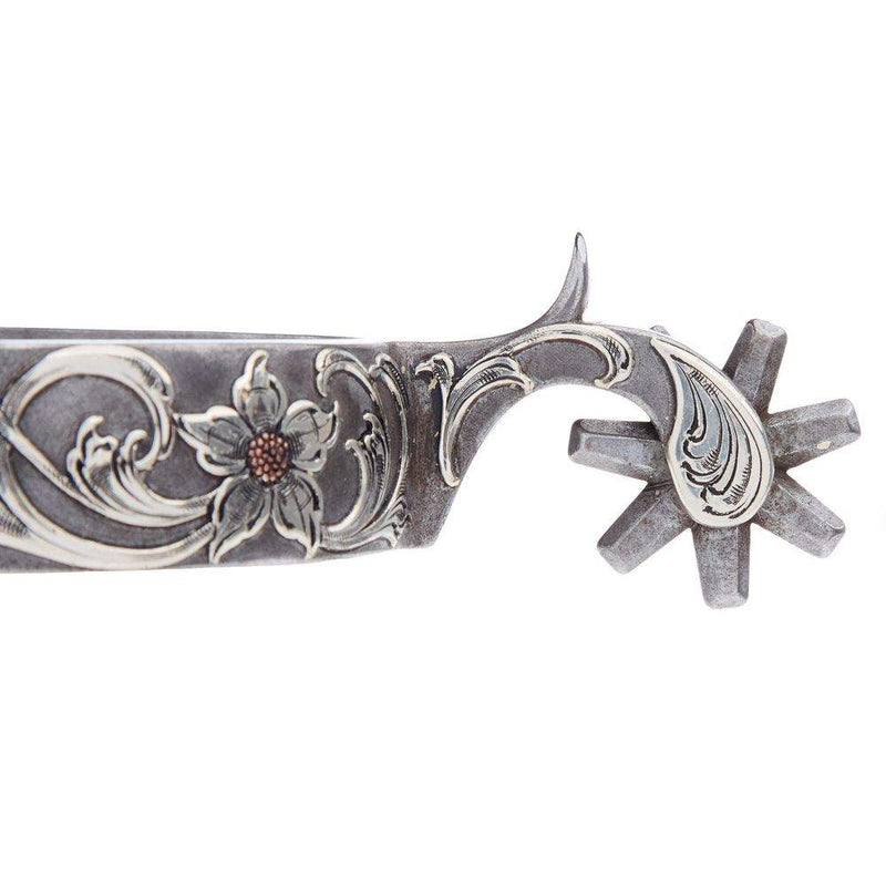 Brandon Anthony Bit & Spur Co. Silver Flower Scroll Mens 2 Inch Band Western Spurs with 7 Point Rowel