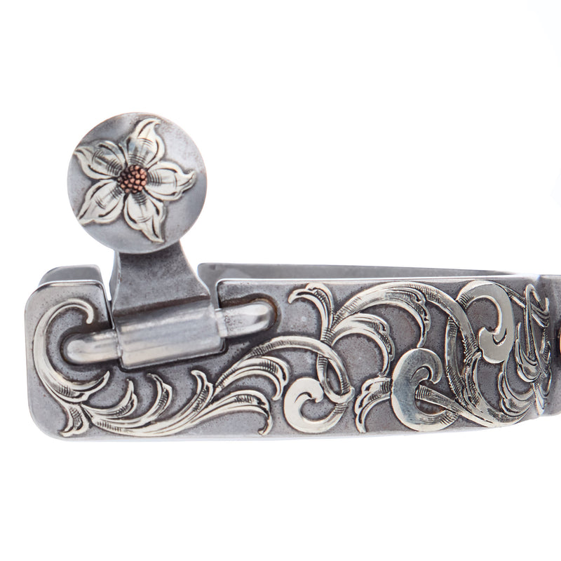 Brandon Anthony Bit & Spur Co. Engraved Silver Scroll Mens 2 Inch Band Western Spurs with 7 Point Rowel
