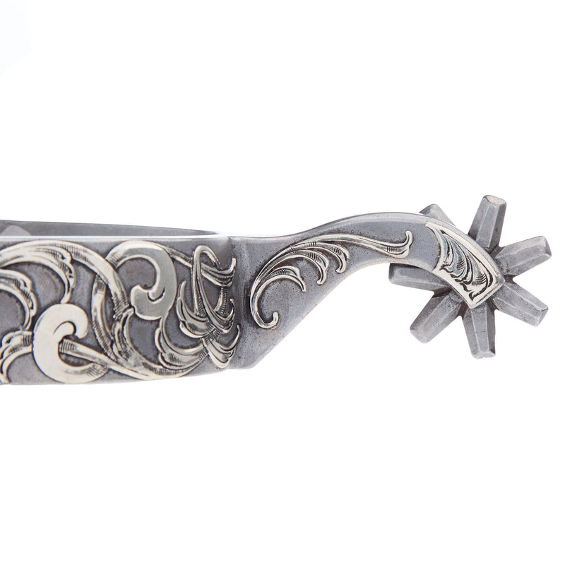 Brandon Anthony Bit & Spur Co. Engraved Silver Scroll Mens 2 Inch Band Western Spurs with 7 Point Rowel