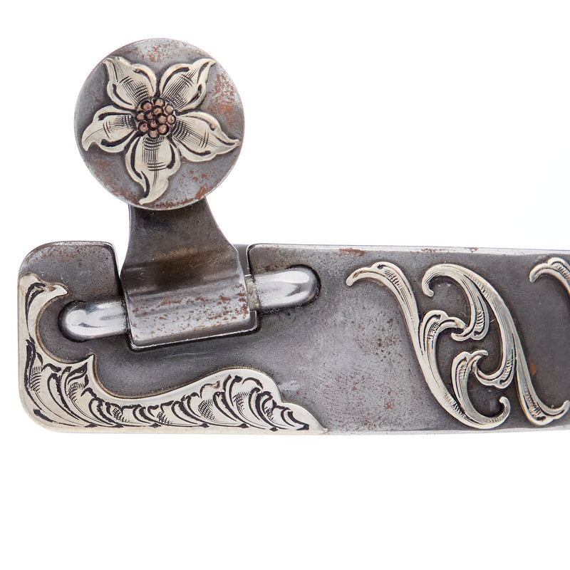 Brandon Anthony Bit & Spur Co. Engraved Silver Scroll Mens 2 Inch Band Western Spurs with 7 Point Rowel