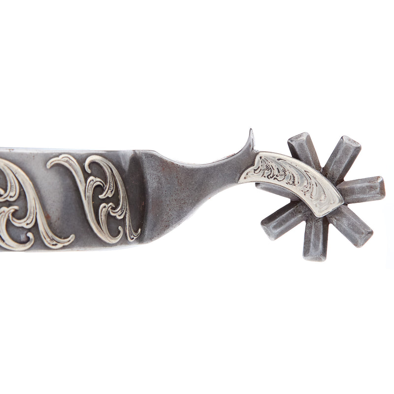 Brandon Anthony Bit & Spur Co. Engraved Silver Scroll Mens 2 Inch Band Western Spurs with 7 Point Rowel