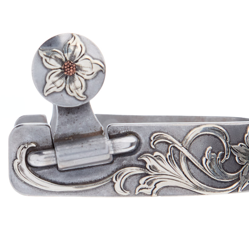 Brandon Anthony Bit & Spur Co. Engraved Silver Scroll Mens 1 7/8 Inch Band Western Spurs with 12 Point Rowel