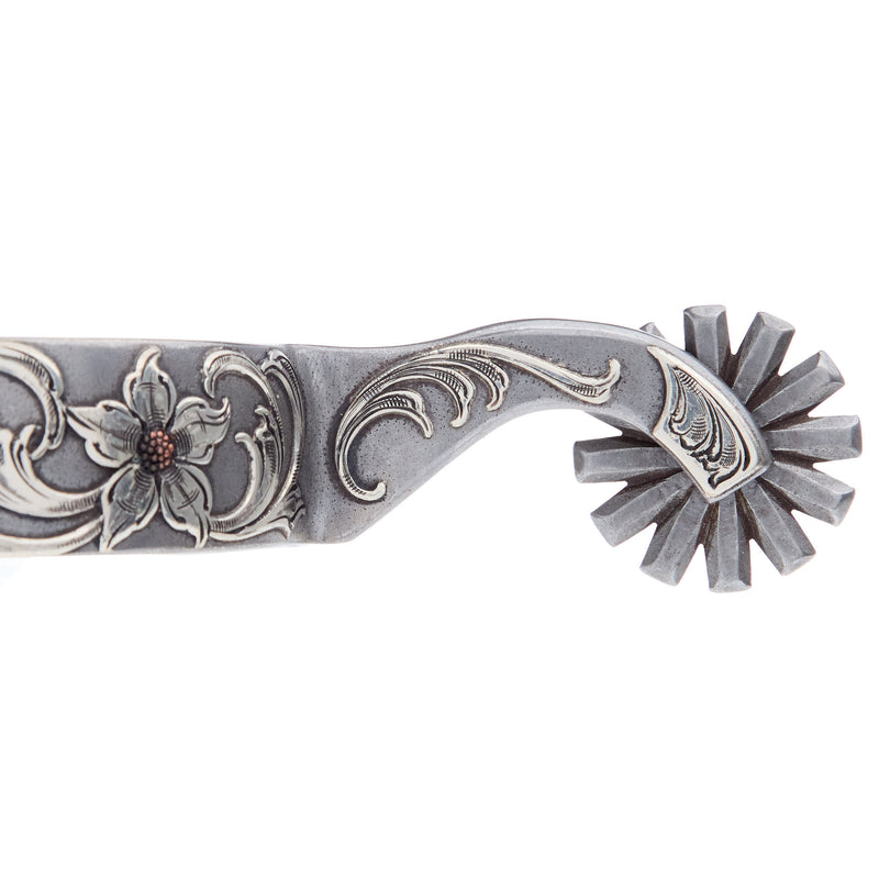 Brandon Anthony Bit & Spur Co. Engraved Silver Scroll Mens 1 7/8 Inch Band Western Spurs with 12 Point Rowel