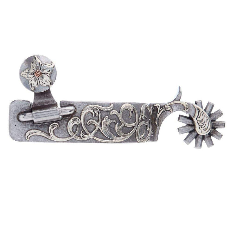 Brandon Anthony Bit & Spur Co. Engraved Silver Scroll Mens 2 Inch Band Western Spurs with 11 Point Rowel