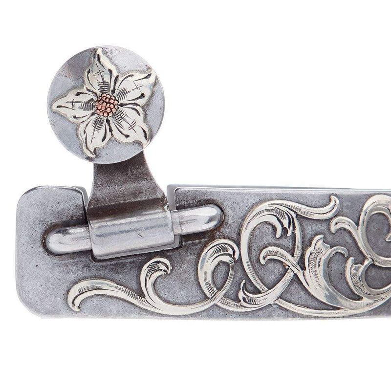 Brandon Anthony Bit & Spur Co. Engraved Silver Scroll Mens 2 Inch Band Western Spurs with 11 Point Rowel