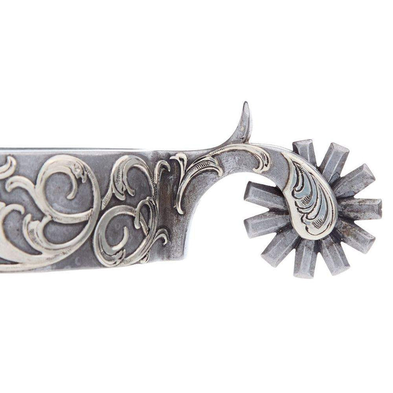 Brandon Anthony Bit & Spur Co. Engraved Silver Scroll Mens 2 Inch Band Western Spurs with 11 Point Rowel