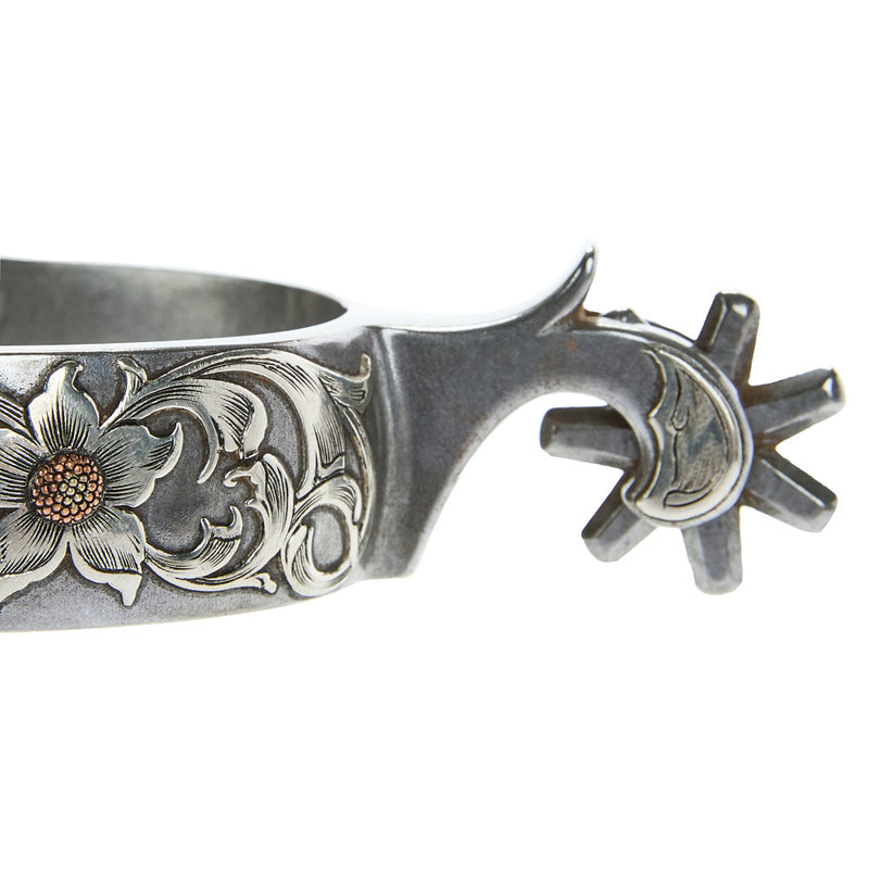 Brandon Anthony Bit & Spur Co. 1in Silver Floral Mounted with 7pt Rowel Spurs