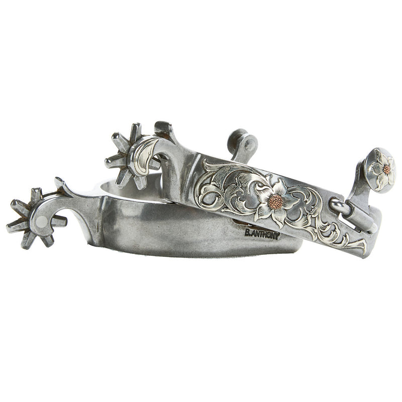 Brandon Anthony Bit & Spur Co. 1in Silver Floral Mounted with 7pt Rowel Spurs