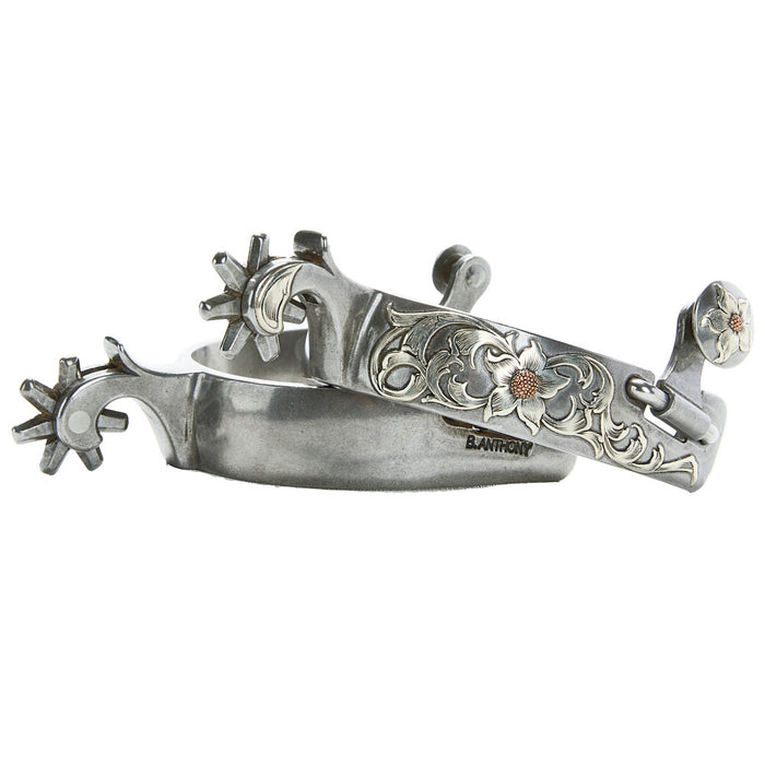 Brandon Anthony Bit & Spur Co. 1in Silver Floral Mounted with 7pt Rowel Spurs