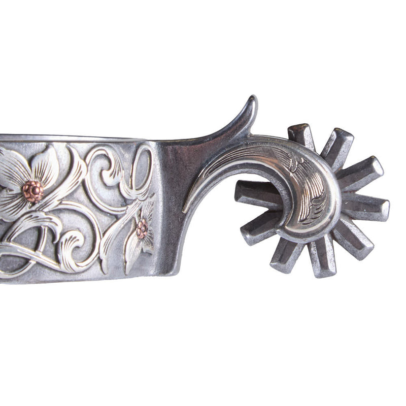 Brandon Anthony Engraved Silver Floral Ladies Spurs with 10 Point Rowel