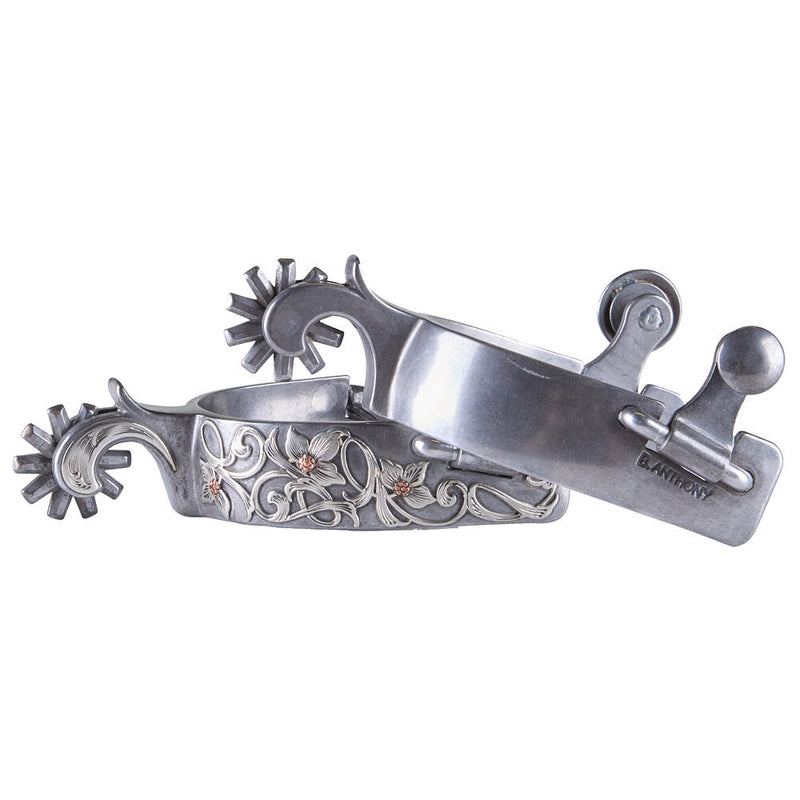 Brandon Anthony Engraved Silver Floral Ladies Spurs with 10 Point Rowel
