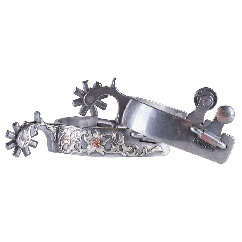Brandon Anthony Engraved Silver Floral Men's Spurs with 8 Point Rowel