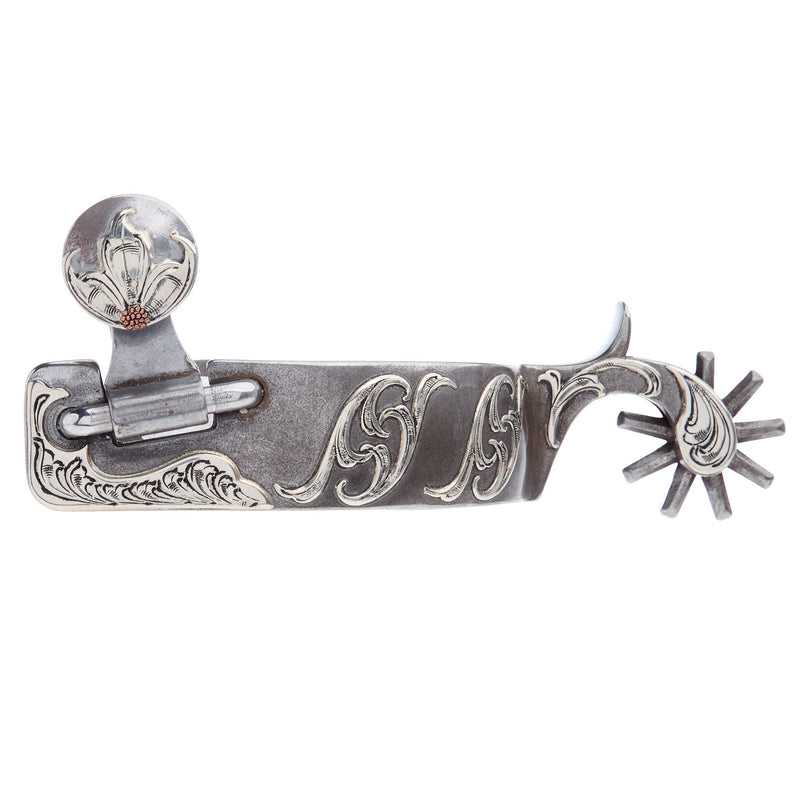 Brandon Anthony Bit & Spur Co. Silver Floral Bar Scroll Mens 1 7/8 Inch Band Western Spurs with 9 Point Rowel