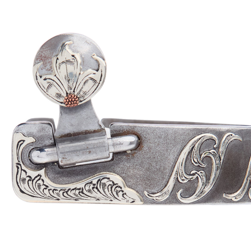 Brandon Anthony Bit & Spur Co. Silver Floral Bar Scroll Mens 1 7/8 Inch Band Western Spurs with 9 Point Rowel