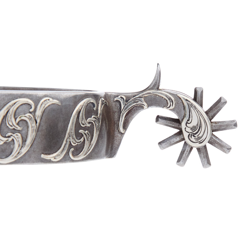 Brandon Anthony Bit & Spur Co. Silver Floral Bar Scroll Mens 1 7/8 Inch Band Western Spurs with 9 Point Rowel