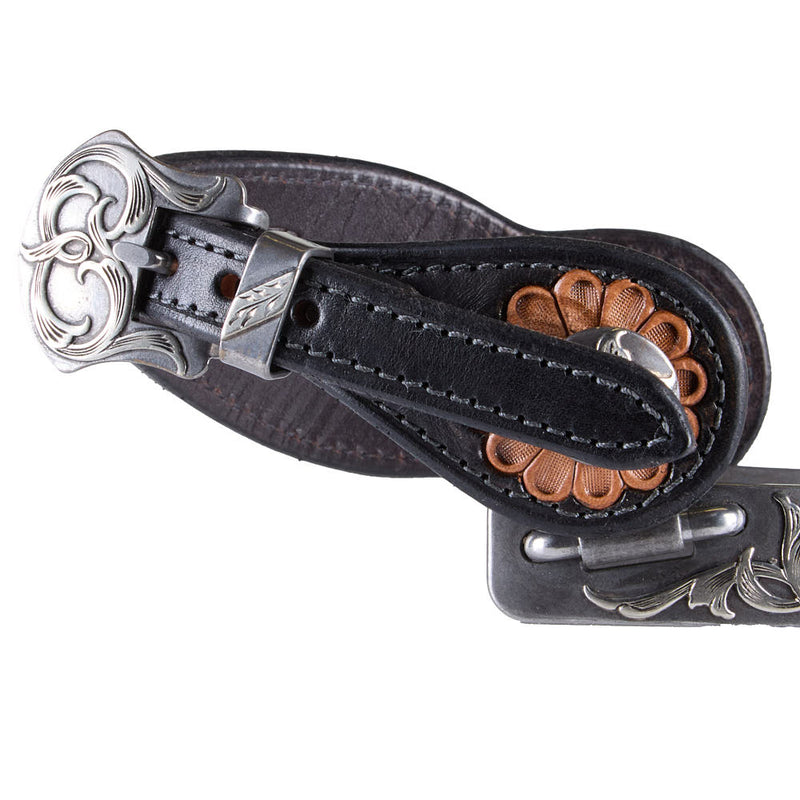 Brandon Anthony Engraved Silver Floral Men`s with 7 point rowel and Tooled Leather Spur Straps Set