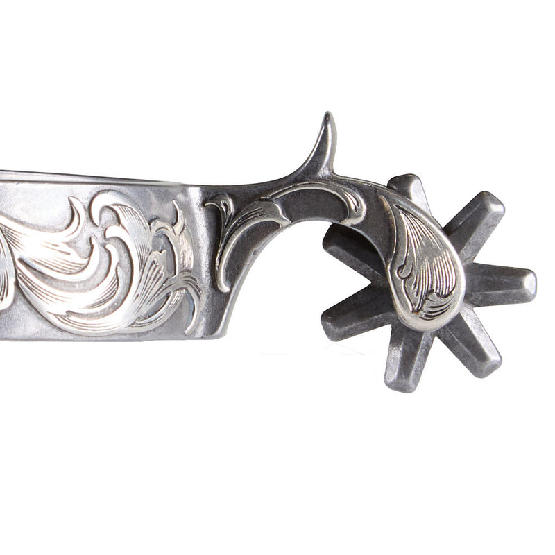 Brandon Anthony Engraved Silver Floral Men`s with 7 point rowel and Tooled Leather Spur Straps Set