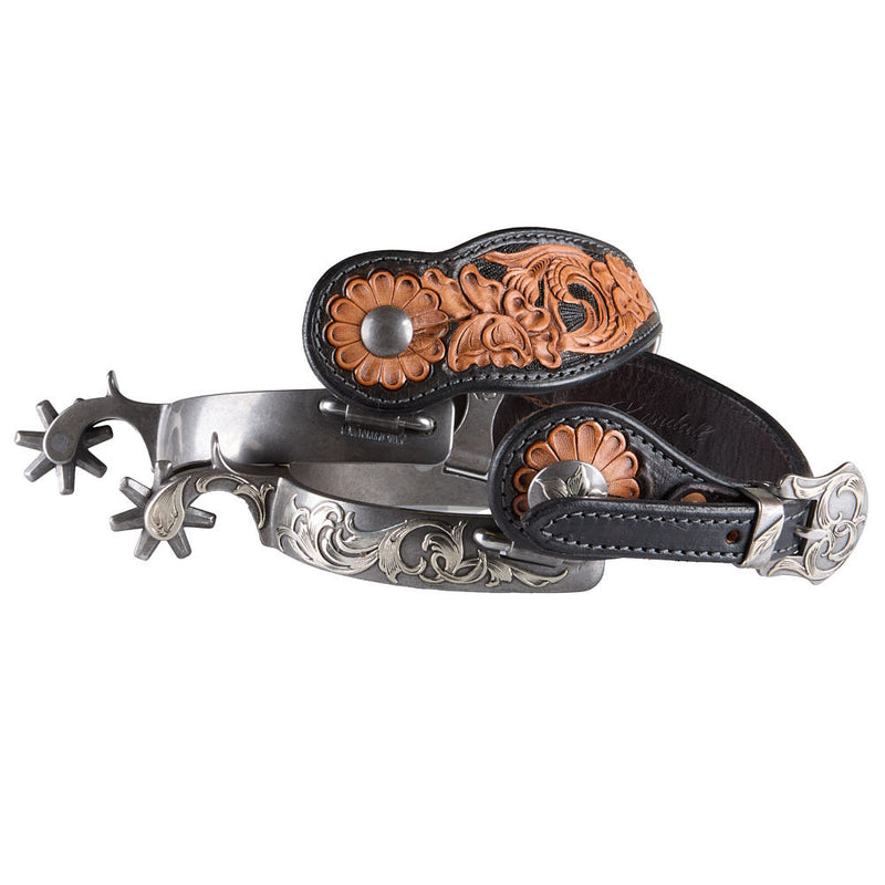 Brandon Anthony Engraved Silver Floral Men`s with 7 point rowel and Tooled Leather Spur Straps Set