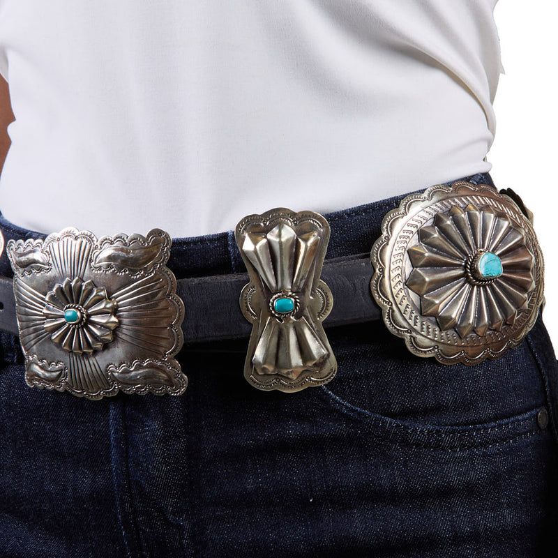 Barbosa Creations Vintage Turquoise Concho with Bow Tie Black Leather Belt