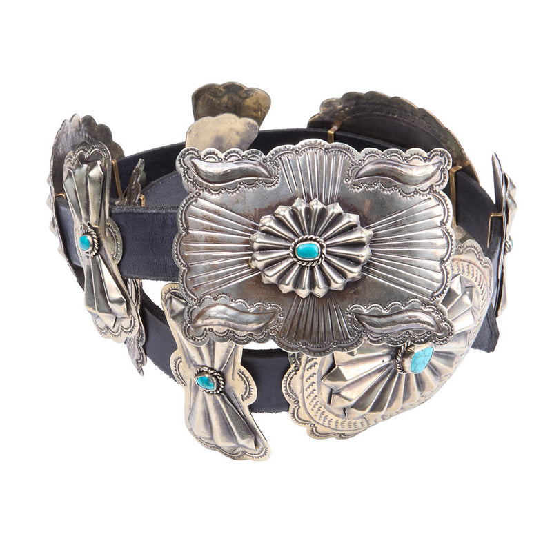 Barbosa Creations Vintage Turquoise Concho with Bow Tie Black Leather Belt