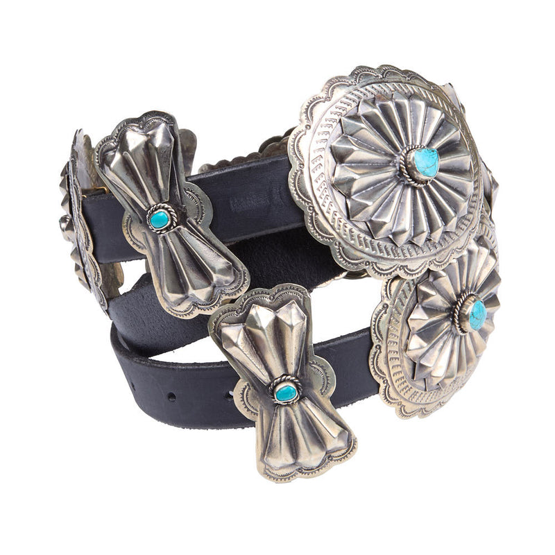 Barbosa Creations Vintage Turquoise Concho with Bow Tie Black Leather Belt
