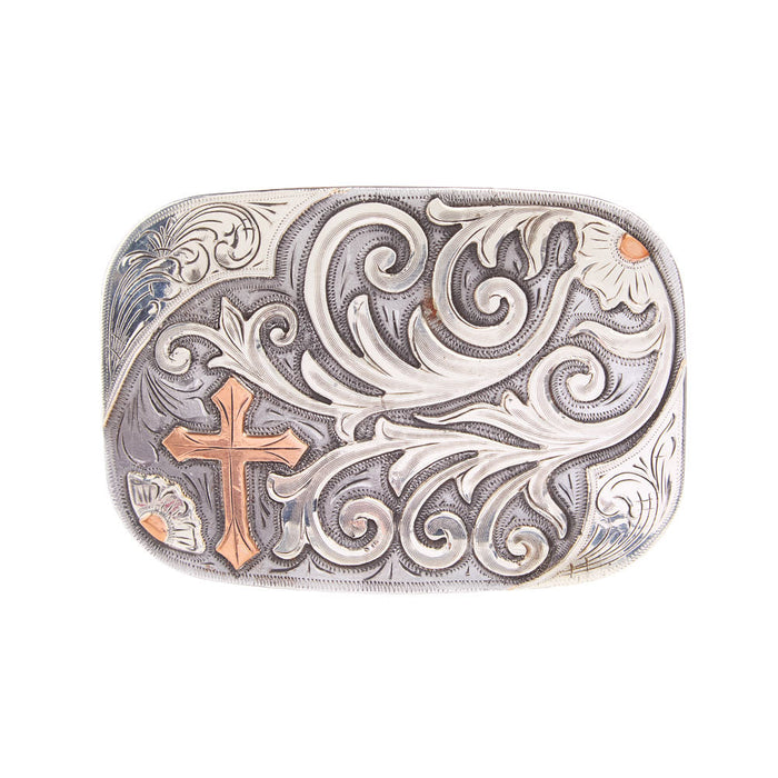 Cowperson Tack Copper Cross Belt Buckle with Scroll Silver Engraved Iron