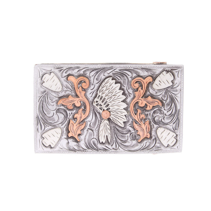 Cowperson Tack Indian Headress Belt Buckle with Copper Scroll Headresses and Engraved Iron