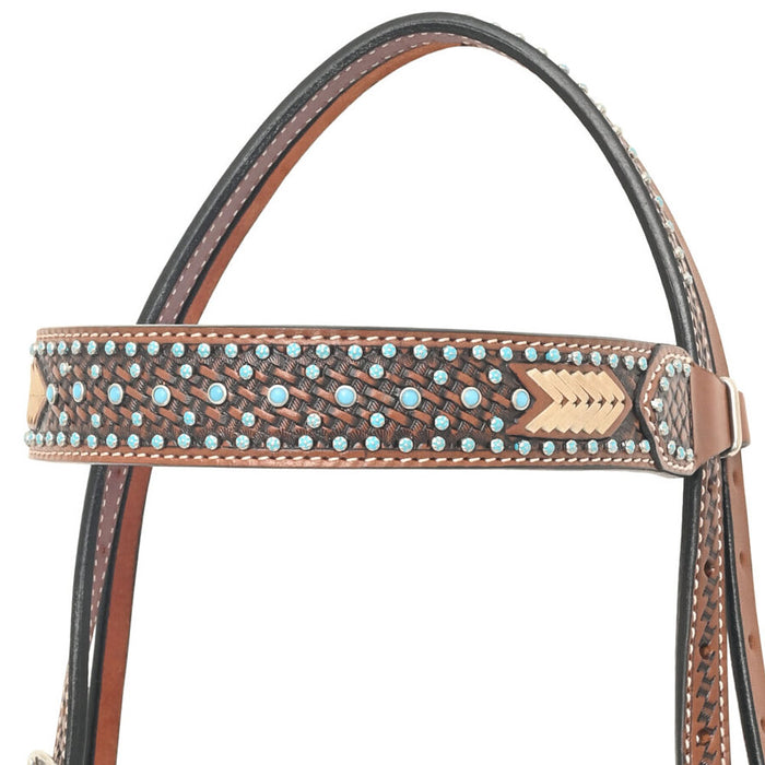 Rafter T Ranch Company Turquoise Stone Basket Stamp Browband Headstall