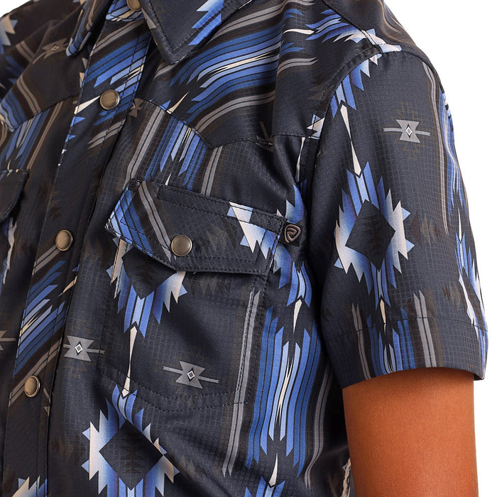 Rock & Roll Denim n Boys Navy Aztec Tek Western Short Sleeve Snap Shirt