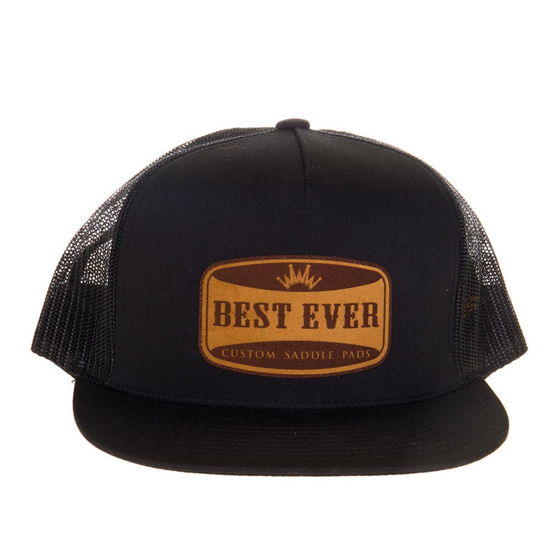 Best Ever Pads Black Flat Brim Leather Logo Patch Mesh Back Trucker Cap