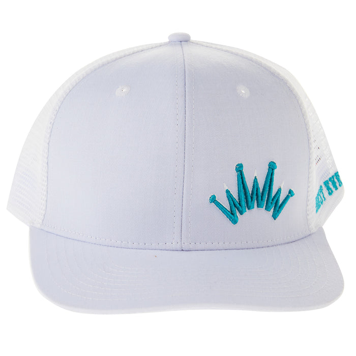 Best Ever Pads Saddle Turquoise Embroidered Crown White Mesh Back Trucker Cap