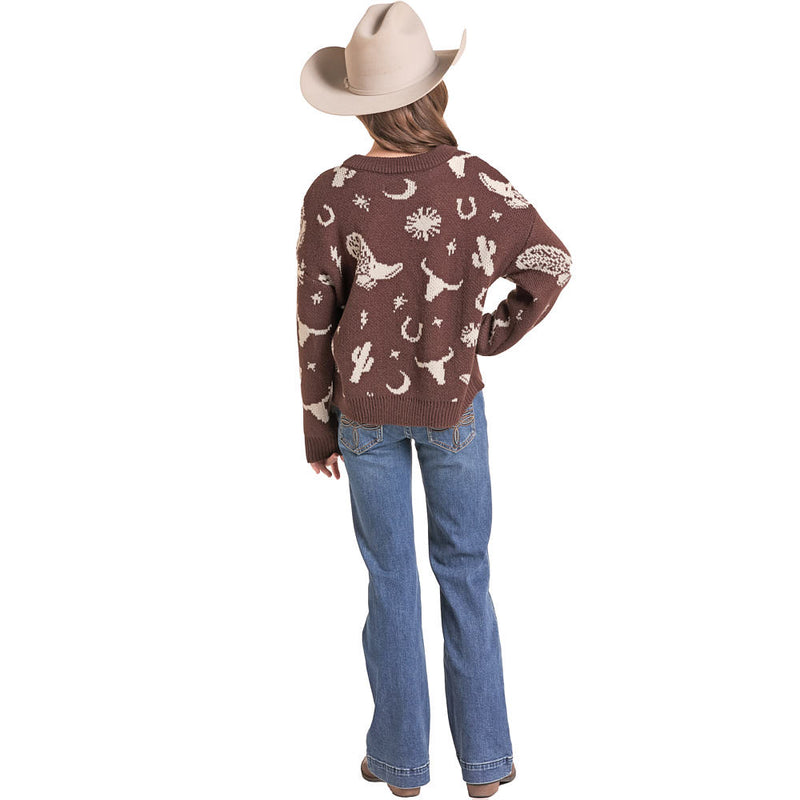 Rock & Roll Denim Girl's Chocolate Print Western Sweater