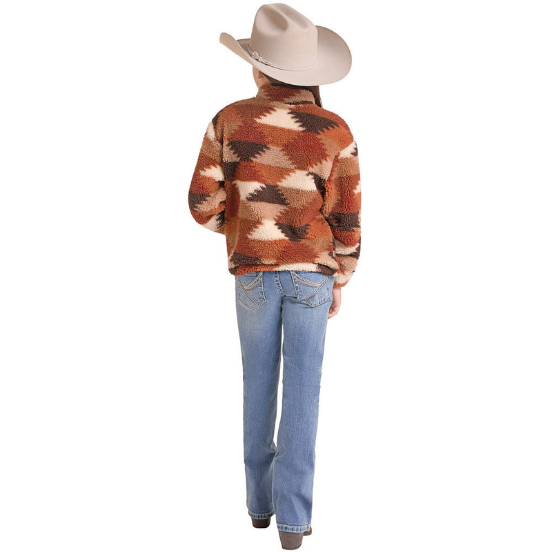 Rock & Roll Denim Girl's Brown Hexagon Print Sherpa Jacket